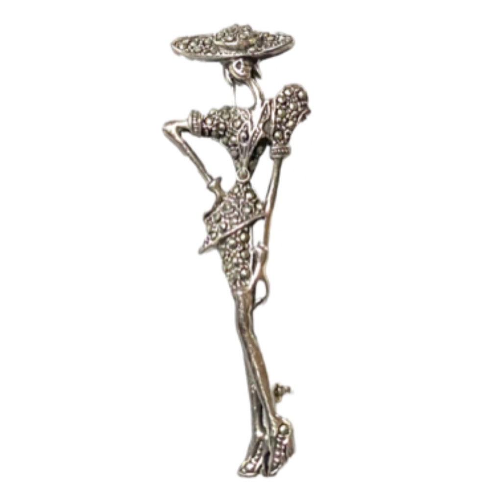 Sterling Silver Vintage Marcasite Lady Brooch